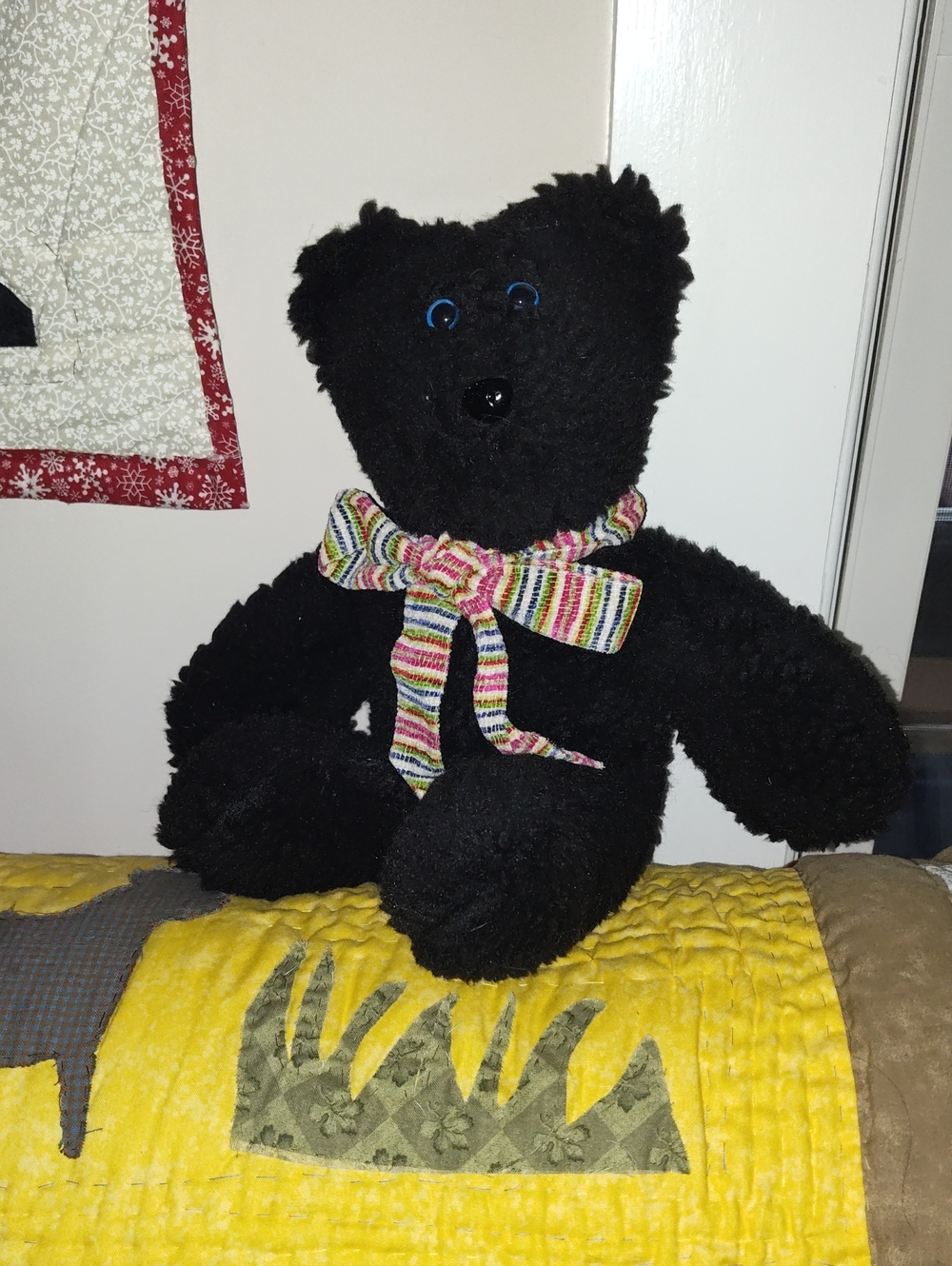 Teddy Bear Black Sherpa Fleece with Striped Bow - Handsewn